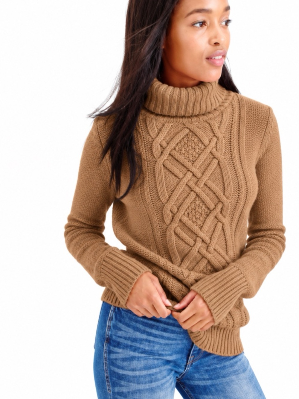 J.Crew NWT Cambridge Cable-Knit Wool Blend Turtleneck Sweater Camel Size S